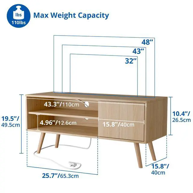 Alt view image 2 of 7 - TV Stand for 48-55 Inch TV, Mid Century Modern Entertainment Center with Storage Cabinet, TV Media Console with Charging Station for Living Room (Oak, 43.3" W x 15.7" D x 19.5" H)