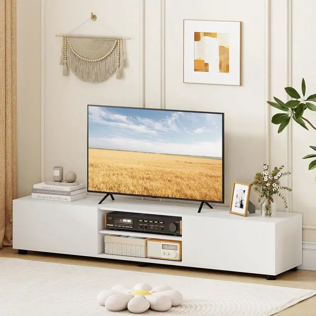 Main image of Modern TV Stand for up to 70 TVs, 63L Minimalist Entertainment Center w/ 2 Doors & Open Shelves, Media Console Table Storage Cabinet with 6 Support Feet for Living Room (White, 63L)