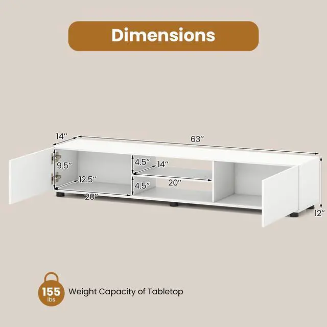 Alt view image 2 of 7 - Modern TV Stand for up to 70 TVs, 63L Minimalist Entertainment Center w/ 2 Doors & Open Shelves, Media Console Table Storage Cabinet with 6 Support Feet for Living Room (White, 63L)