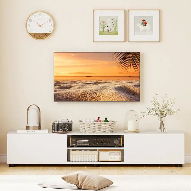 Alt view image 3 of 7 - Modern TV Stand for up to 70 TVs, 63L Minimalist Entertainment Center w/ 2 Doors & Open Shelves, Media Console Table Storage Cabinet with 6 Support Feet for Living Room (White, 63L)
