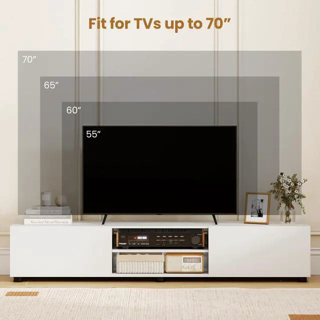 Alt view image 5 of 7 - Modern TV Stand for up to 70 TVs, 63L Minimalist Entertainment Center w/ 2 Doors & Open Shelves, Media Console Table Storage Cabinet with 6 Support Feet for Living Room (White, 63L)