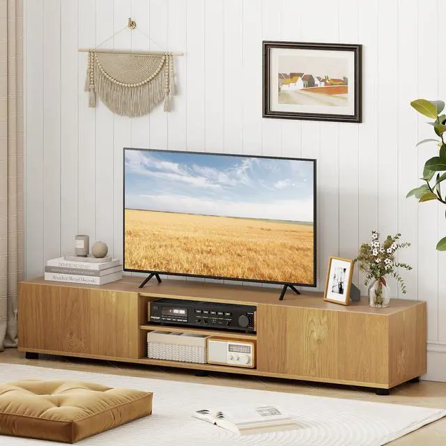Main image of TV Stand for up to 70 TVs, 63L Minimalist Entertainment Center w/ 2 Doors & Open Shelves, Media Console Table Storage Cabinet with 6 Support Feet for Living Room (Natural, 63L)