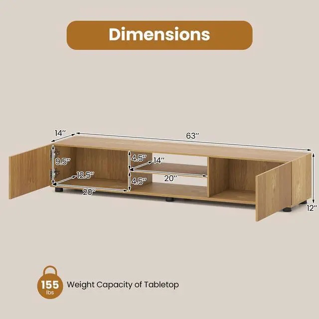 Alt view image 2 of 7 - TV Stand for up to 70 TVs, 63L Minimalist Entertainment Center w/ 2 Doors & Open Shelves, Media Console Table Storage Cabinet with 6 Support Feet for Living Room (Natural, 63L)