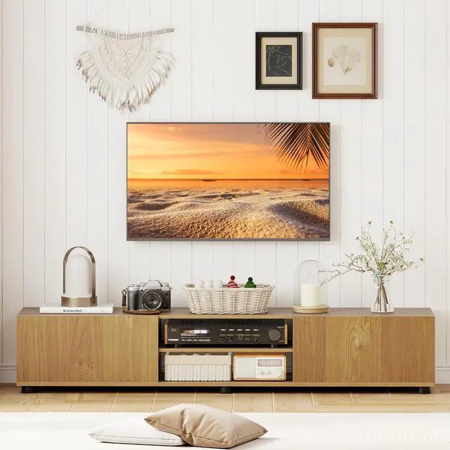 Alt view image 3 of 7 - TV Stand for up to 70 TVs, 63L Minimalist Entertainment Center w/ 2 Doors & Open Shelves, Media Console Table Storage Cabinet with 6 Support Feet for Living Room (Natural, 63L)