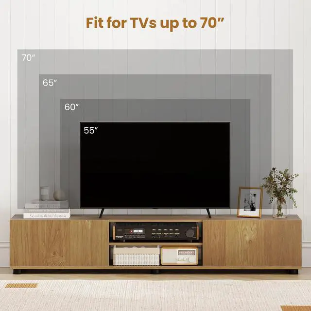 Alt view image 5 of 7 - TV Stand for up to 70 TVs, 63L Minimalist Entertainment Center w/ 2 Doors & Open Shelves, Media Console Table Storage Cabinet with 6 Support Feet for Living Room (Natural, 63L)
