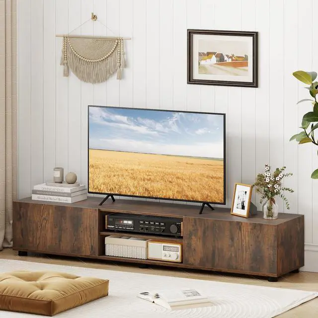 Main image of Modern TV Stand for up to 70 TVs, 63L Minimalist Entertainment Center w/ 2 Doors & Open Shelves, Media Console Table Storage Cabinet with 6 Support Feet for Living Room (Rustic Brown, 63L)