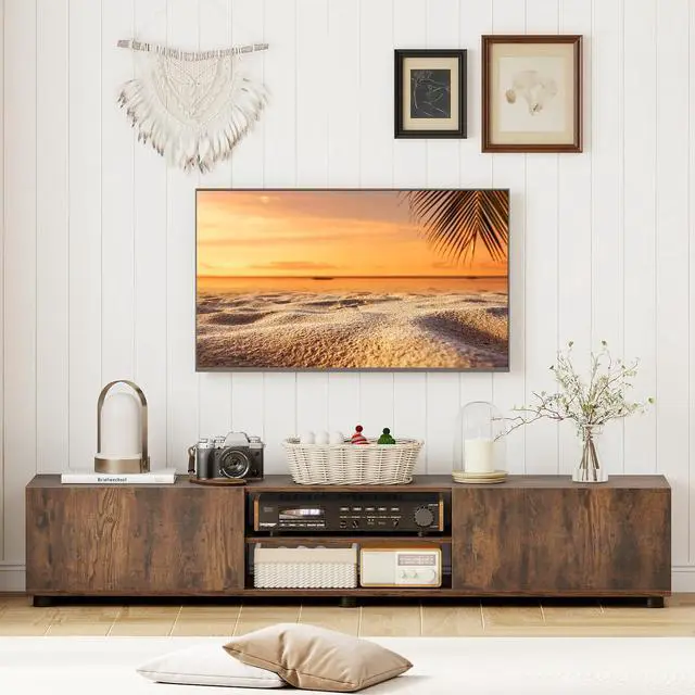 Alt view image 2 of 7 - Modern TV Stand for up to 70 TVs, 63L Minimalist Entertainment Center w/ 2 Doors & Open Shelves, Media Console Table Storage Cabinet with 6 Support Feet for Living Room (Rustic Brown, 63L)