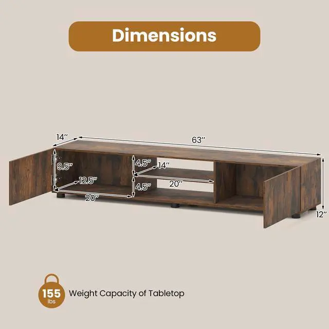 Alt view image 4 of 7 - Modern TV Stand for up to 70 TVs, 63L Minimalist Entertainment Center w/ 2 Doors & Open Shelves, Media Console Table Storage Cabinet with 6 Support Feet for Living Room (Rustic Brown, 63L)