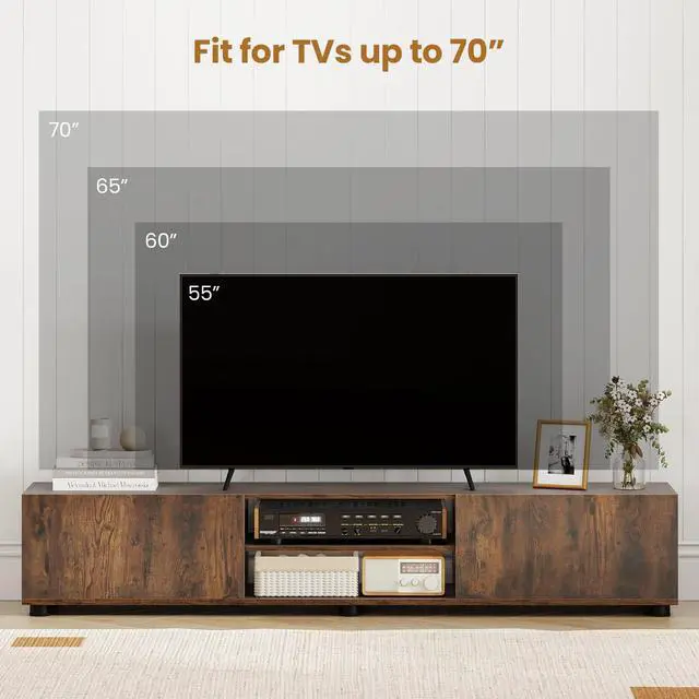 Alt view image 5 of 7 - Modern TV Stand for up to 70 TVs, 63L Minimalist Entertainment Center w/ 2 Doors & Open Shelves, Media Console Table Storage Cabinet with 6 Support Feet for Living Room (Rustic Brown, 63L)