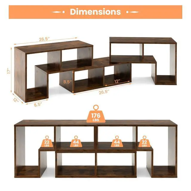 Alt view image 5 of 7 - 3 Pieces Console TV Stand, Free-Combination Entertainment Center for 50 55 60 65 Inch TV, Minimalist Modern Media Stand, DIY Open Storage Bookcase Shelf for Living Room (Brown)