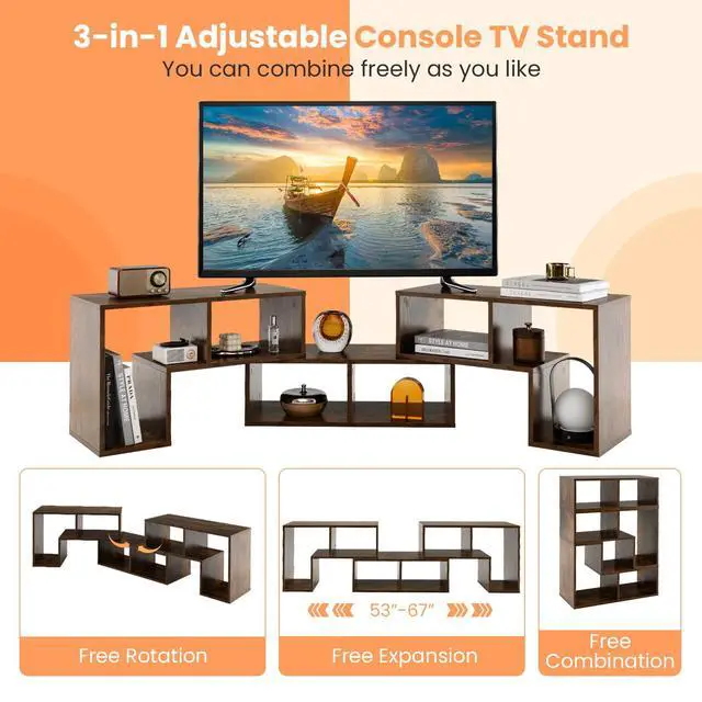 Alt view image 6 of 7 - 3 Pieces Console TV Stand, Free-Combination Entertainment Center for 50 55 60 65 Inch TV, Minimalist Modern Media Stand, DIY Open Storage Bookcase Shelf for Living Room (Brown)