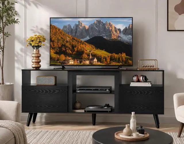 Alt view image 2 of 7 - Mid-Century Modern TV Stand for 55 60 65 Inch TV, Entertainment Center with Extra Open Shelf & Storage Cabinets, Media TV Console for Living Room Bedroom Office, Black