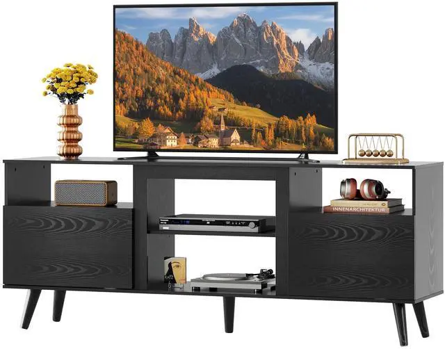 Main image of Mid-Century Modern TV Stand for 55 60 65 Inch TV, Entertainment Center with Extra Open Shelf & Storage Cabinets, Media TV Console for Living Room Bedroom Office, Black