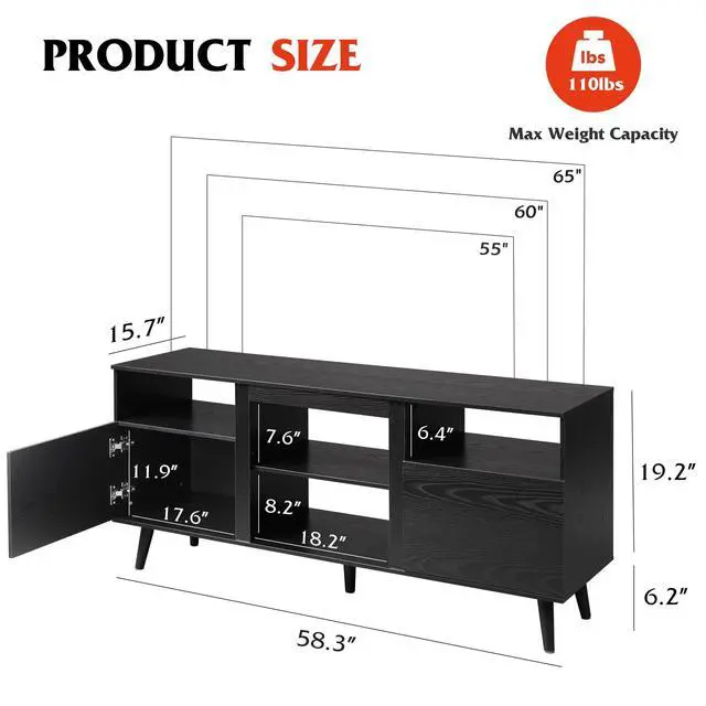 Alt view image 3 of 7 - Mid-Century Modern TV Stand for 55 60 65 Inch TV, Entertainment Center with Extra Open Shelf & Storage Cabinets, Media TV Console for Living Room Bedroom Office, Black