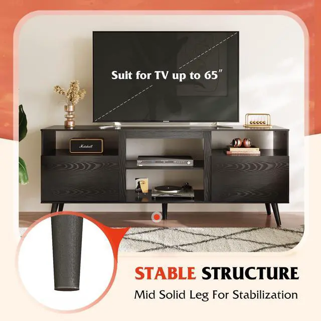 Alt view image 7 of 7 - Mid-Century Modern TV Stand for 55 60 65 Inch TV, Entertainment Center with Extra Open Shelf & Storage Cabinets, Media TV Console for Living Room Bedroom Office, Black