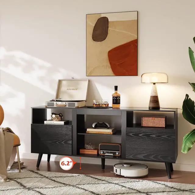 Alt view image 4 of 7 - Mid-Century Modern TV Stand for 55 60 65 Inch TV, Entertainment Center with Extra Open Shelf & Storage Cabinets, Media TV Console for Living Room Bedroom Office, Black