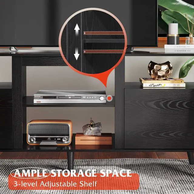 Alt view image 6 of 7 - Mid-Century Modern TV Stand for 55 60 65 Inch TV, Entertainment Center with Extra Open Shelf & Storage Cabinets, Media TV Console for Living Room Bedroom Office, Black