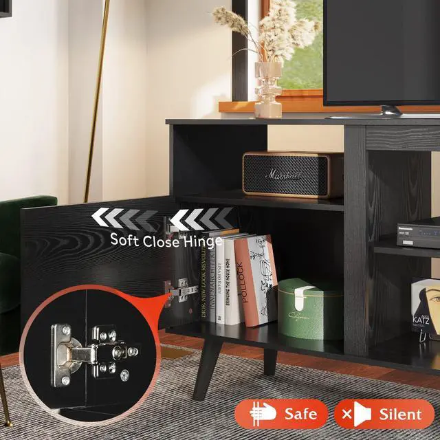 Alt view image 5 of 7 - Mid-Century Modern TV Stand for 55 60 65 Inch TV, Entertainment Center with Extra Open Shelf & Storage Cabinets, Media TV Console for Living Room Bedroom Office, Black