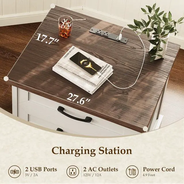 Alt view image 4 of 7 - Farmhouse Nightstand with Charging Station, 24 Inch Bedside Tabe with 3 Drawers, Rustic End Table with USB and Outlet for Bedroom & Living Room, Rustic White