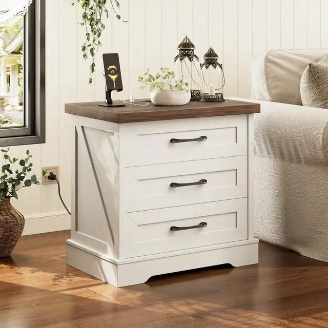 Alt view image 3 of 7 - Farmhouse Nightstand with Charging Station, 24 Inch Bedside Tabe with 3 Drawers, Rustic End Table with USB and Outlet for Bedroom & Living Room, Rustic White