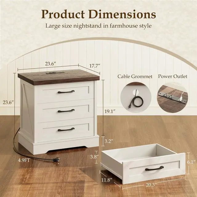 Alt view image 2 of 7 - Farmhouse Nightstand with Charging Station, 24 Inch Bedside Tabe with 3 Drawers, Rustic End Table with USB and Outlet for Bedroom & Living Room, Rustic White