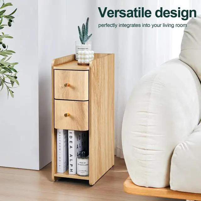 Alt view image 4 of 7 - Narrow End Table Bedroom, Wooden Small 2 Drawer Nightstand, Thin Couch Side End Table, Skinny Bedside Table Small Spaces, Mid Century Modern Night Stand with Drawers (Natural-1 pc)