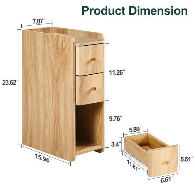 Alt view image 2 of 7 - Narrow End Table Bedroom, Wooden Small 2 Drawer Nightstand, Thin Couch Side End Table, Skinny Bedside Table Small Spaces, Mid Century Modern Night Stand with Drawers (Natural-1 pc)