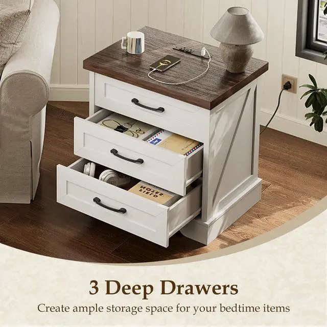 Alt view image 5 of 7 - Farmhouse Nightstand with Charging Station, 24 Inch Bedside Tabe with 3 Drawers, Rustic End Table with USB and Outlet for Bedroom & Living Room, Rustic White