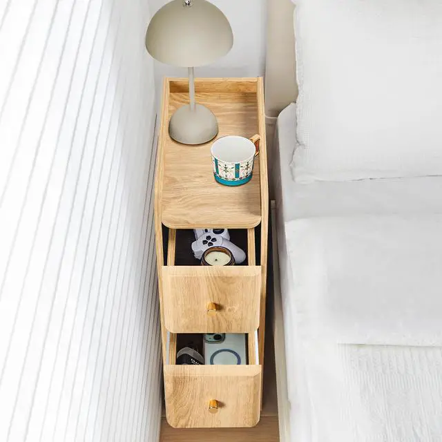 Alt view image 5 of 7 - Narrow End Table Bedroom, Wooden Small 2 Drawer Nightstand, Thin Couch Side End Table, Skinny Bedside Table Small Spaces, Mid Century Modern Night Stand with Drawers (Natural-1 pc)