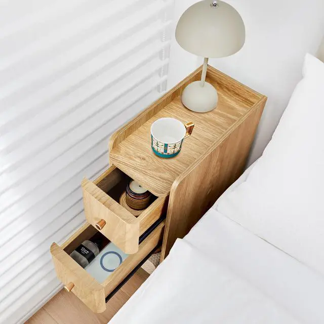 Alt view image 3 of 7 - Narrow End Table Bedroom, Wooden Small 2 Drawer Nightstand, Thin Couch Side End Table, Skinny Bedside Table Small Spaces, Mid Century Modern Night Stand with Drawers (Natural-1 pc)