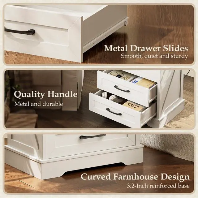 Alt view image 6 of 7 - Farmhouse Nightstand with Charging Station, 24 Inch Bedside Tabe with 3 Drawers, Rustic End Table with USB and Outlet for Bedroom & Living Room, Rustic White