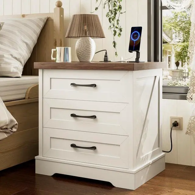 Main image of Farmhouse Nightstand with Charging Station, 24 Inch Bedside Tabe with 3 Drawers, Rustic End Table with USB and Outlet for Bedroom & Living Room, Rustic White