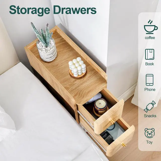 Alt view image 6 of 7 - Narrow End Table Bedroom, Wooden Small 2 Drawer Nightstand, Thin Couch Side End Table, Skinny Bedside Table Small Spaces, Mid Century Modern Night Stand with Drawers (Natural-1 pc)