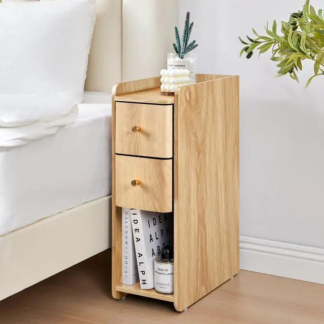 Alt view image 7 of 7 - Narrow End Table Bedroom, Wooden Small 2 Drawer Nightstand, Thin Couch Side End Table, Skinny Bedside Table Small Spaces, Mid Century Modern Night Stand with Drawers (Natural-1 pc)