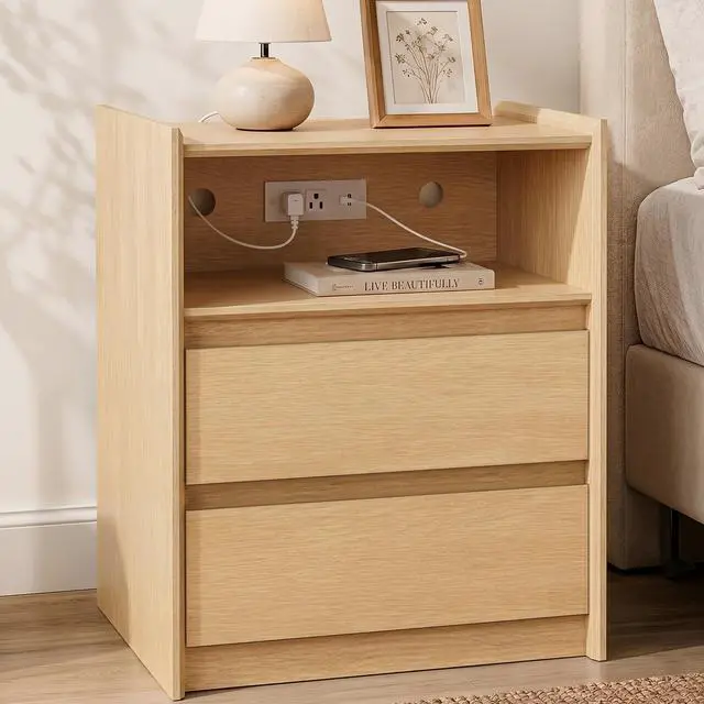 Main image of Natural Oak Nightstand with Charging Station, 24" H, 2 Drawers
