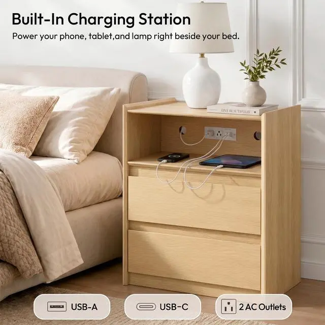 Alt view image 2 of 7 - Natural Oak Nightstand with Charging Station, 24" H, 2 Drawers