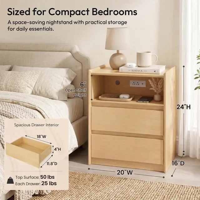 Alt view image 3 of 7 - Natural Oak Nightstand with Charging Station, 24" H, 2 Drawers