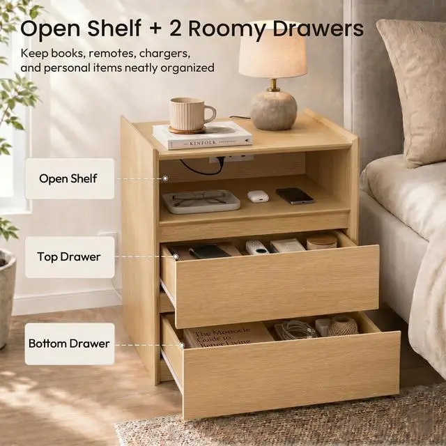 Alt view image 5 of 7 - Natural Oak Nightstand with Charging Station, 24" H, 2 Drawers