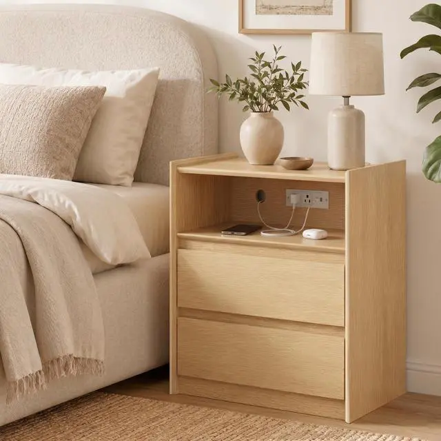 Alt view image 4 of 7 - Natural Oak Nightstand with Charging Station, 24" H, 2 Drawers