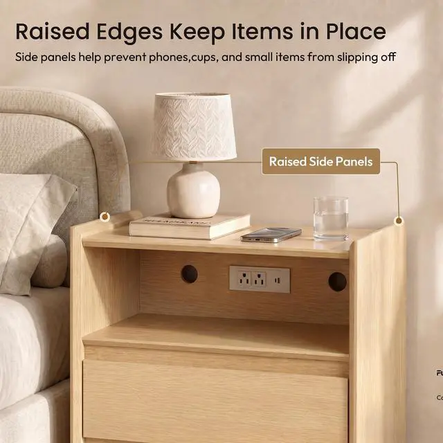 Alt view image 6 of 7 - Natural Oak Nightstand with Charging Station, 24" H, 2 Drawers