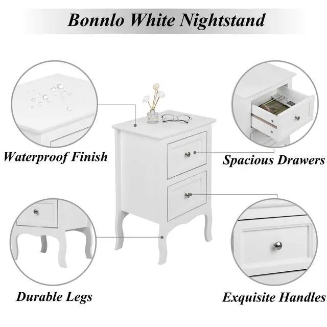 Alt view image 3 of 7 - White Nightstand Set of 2, Nightstands with 2 Drawers, Bed Side Table/Night Stand, Small Nightstand for Bedroom, Small Spaces, College Dorm, Kids Room, Living Room, Wood, 16W x 12D x 24H