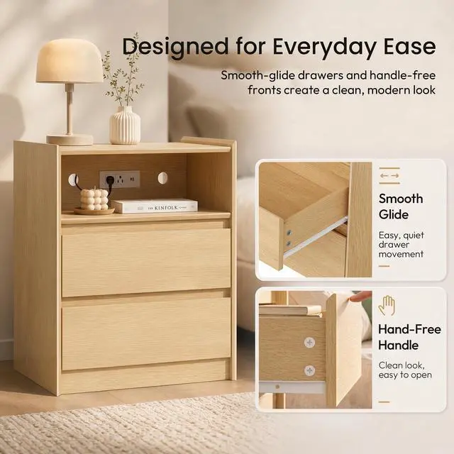 Alt view image 7 of 7 - Natural Oak Nightstand with Charging Station, 24" H, 2 Drawers