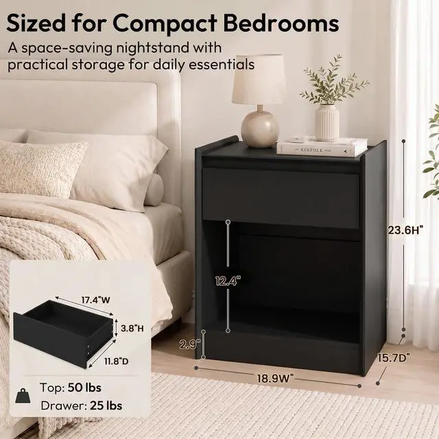 Alt view image 3 of 7 - Black 24"H Nightstand, Drawer & Open Shelf, Small Bedside Table