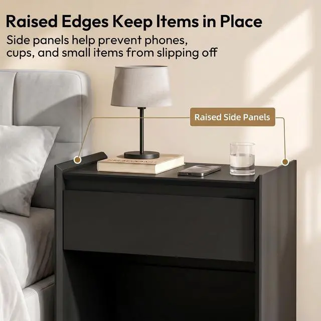 Alt view image 4 of 7 - Black 24"H Nightstand, Drawer & Open Shelf, Small Bedside Table