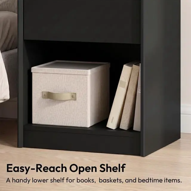 Alt view image 5 of 7 - Black 24"H Nightstand, Drawer & Open Shelf, Small Bedside Table