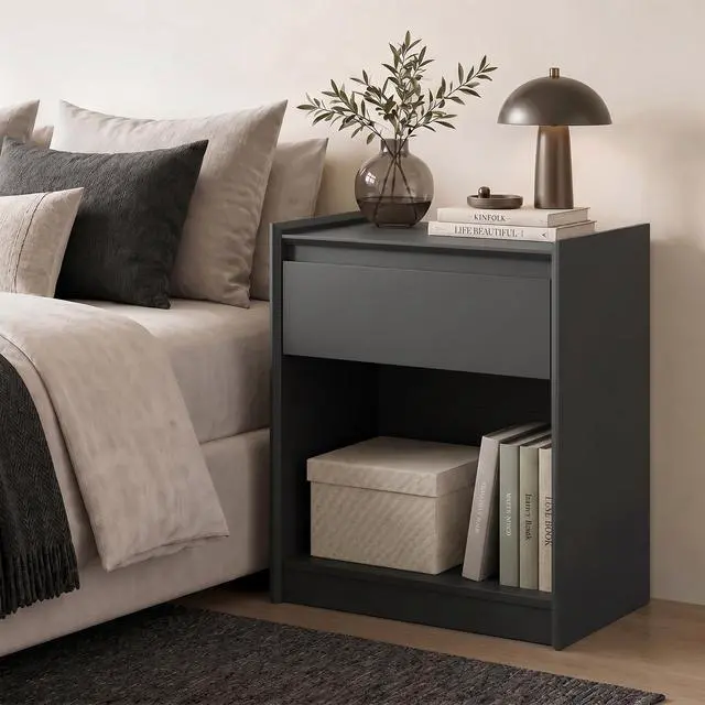 Alt view image 2 of 7 - Black 24"H Nightstand, Drawer & Open Shelf, Small Bedside Table