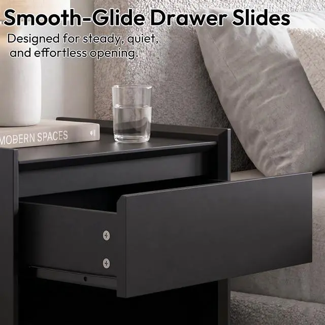 Alt view image 7 of 7 - Black 24"H Nightstand, Drawer & Open Shelf, Small Bedside Table