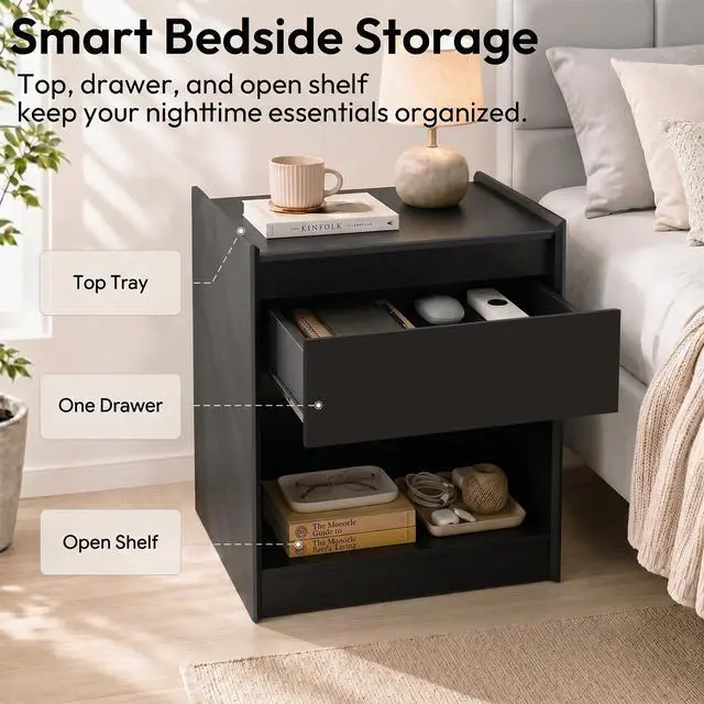 Alt view image 6 of 7 - Black 24"H Nightstand, Drawer & Open Shelf, Small Bedside Table