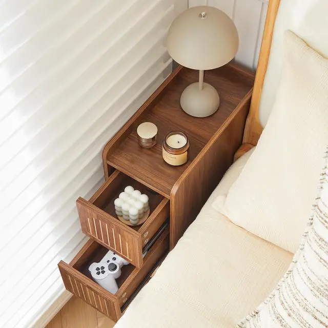 Alt view image 3 of 7 - Walnut Narrow Nightstand, Wooden Small 2 Drawer Nightstand, Slim Side End Table, Skinny Bedside Table, Mid Century Modern Night Stand with Drawers, for Living Room (Deep Walnut-1 pc)