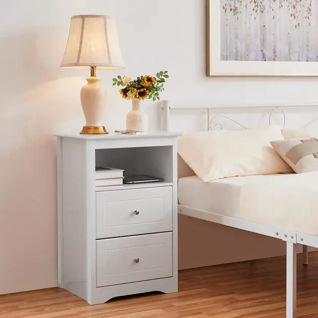 Alt view image 2 of 7 - Nightstand with 2 Drawer and 1 Open Shelf, 29" Tall Bedside Table Wooden Flie Cabinet Telephone Table Bed Side Table with Storage for Bedroom White